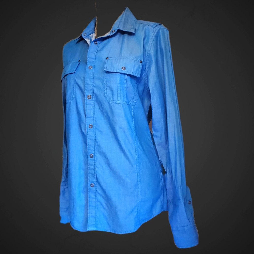 G by Guess Ocean Denim Blue Snap Long Sleeve Fitted Shirt Size S